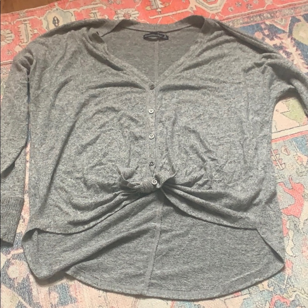 Gray button down front tie shirt